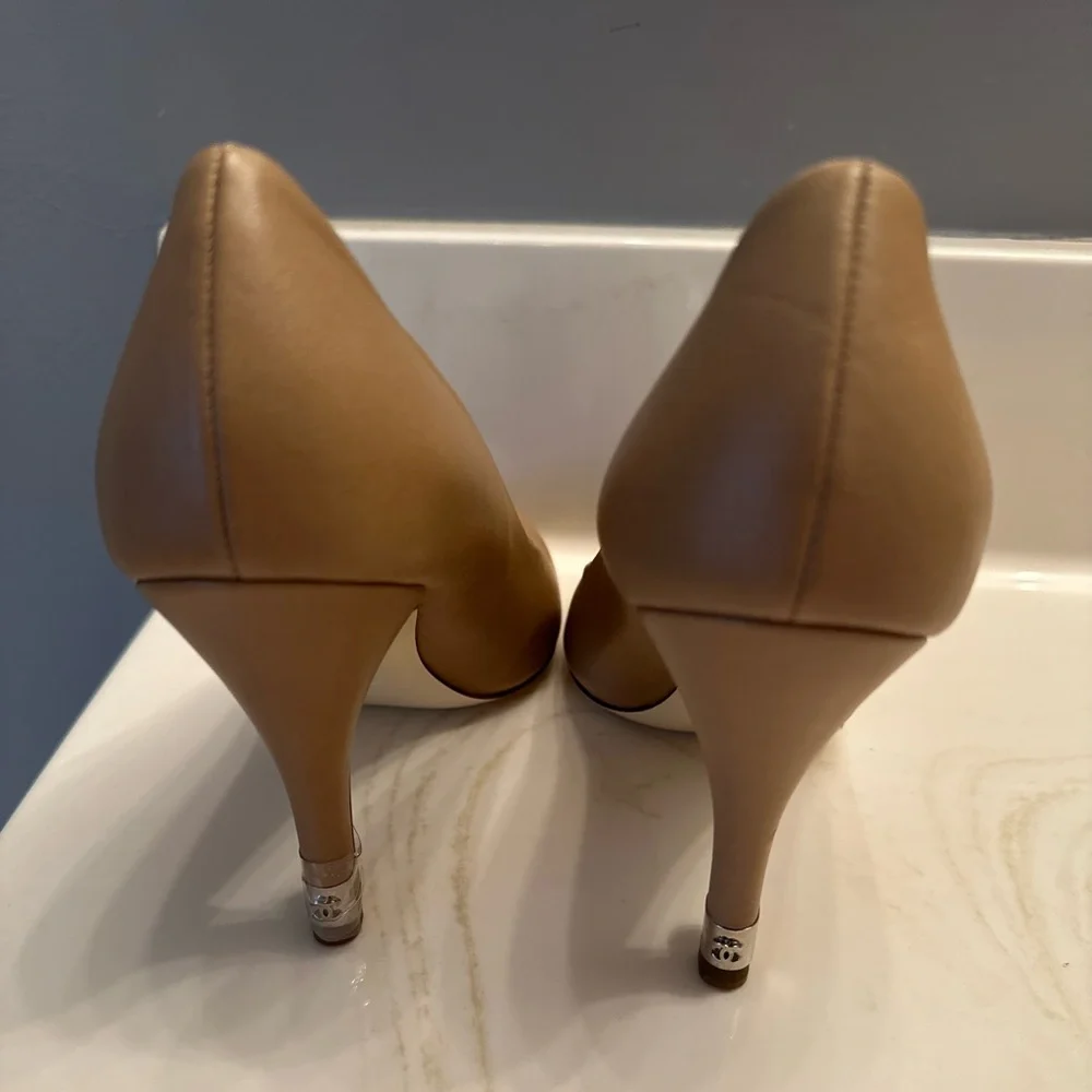 NIB Chanel Beige Leather Pearl Heel Peep Toe Pumps - Size 36